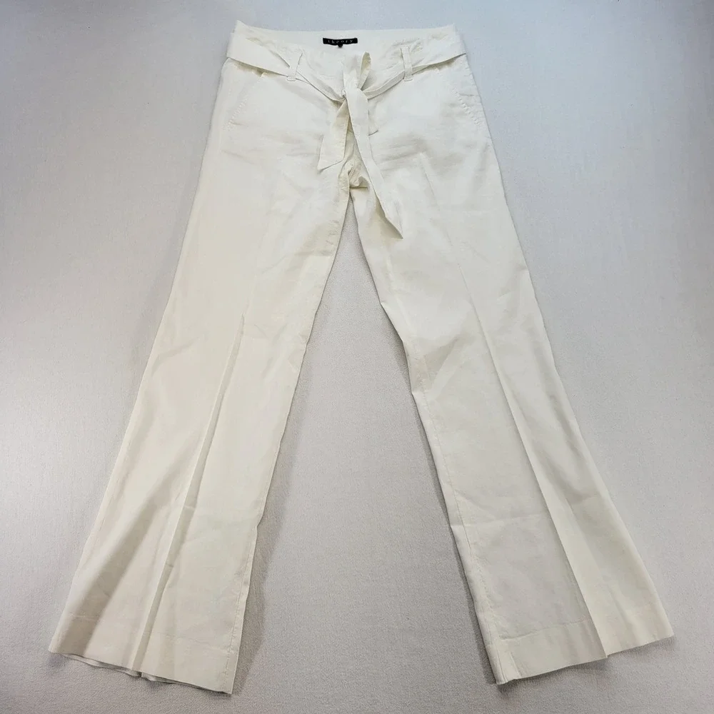 Theory Trousers Womens 0 Cream Linen Blend Tie Waist Wide Leg Dress Pants